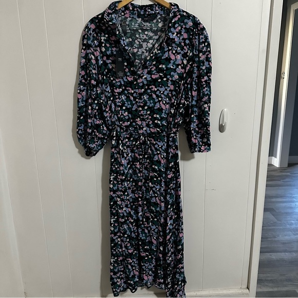 Marks & Spencer Black Midi Dress with V-Neck and Bishop Sleeves